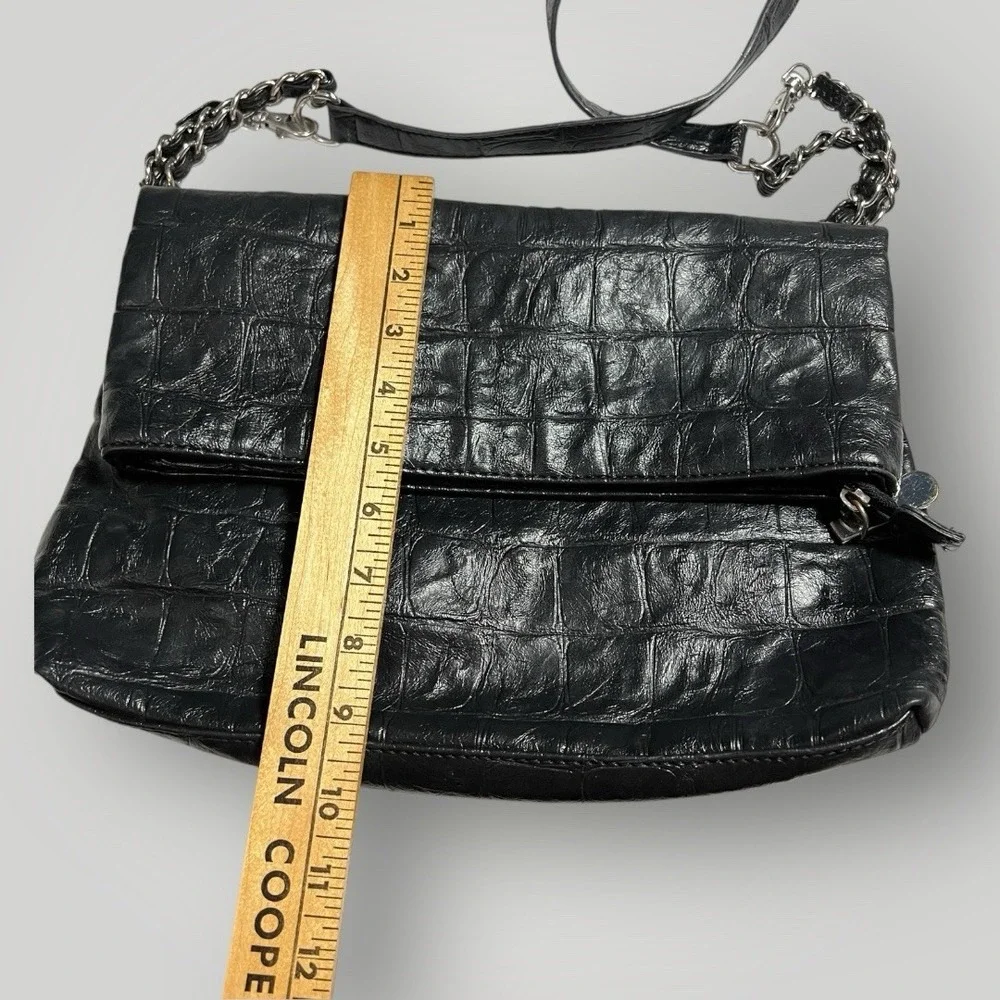 Nicole Miller Faux Leather Croc Embossed Fold Over Shoulder Bag‎ Roomy Mob Wife
